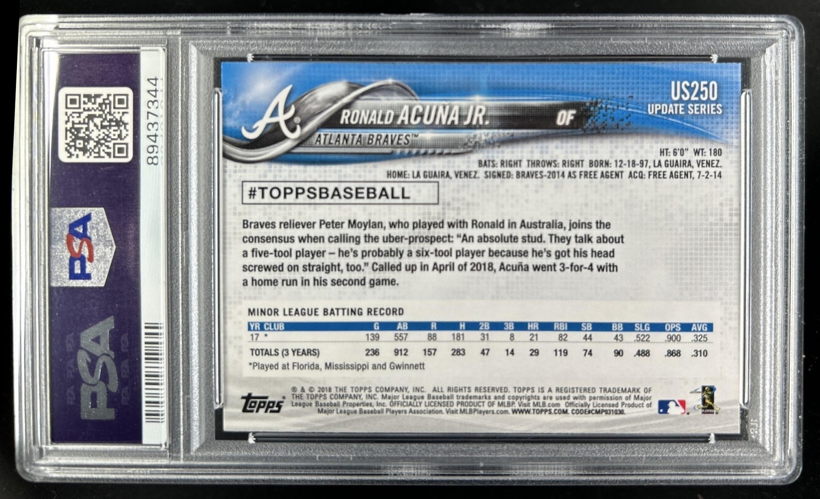 2018 Topps Update Ronald Acuna Jr. RC SP Rookie VAR #US250c Braves PSA 10 view 2