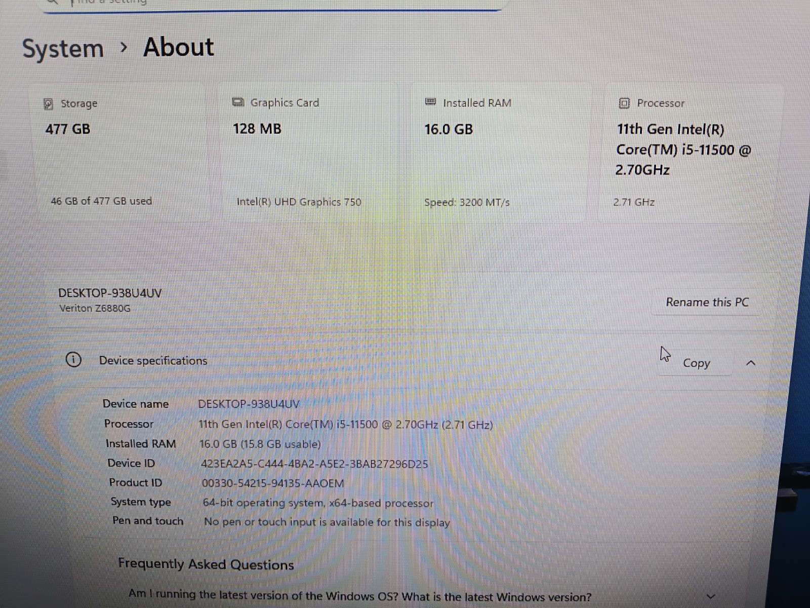 Acer Veriton Z6880G 23.8-inch all-in-one Intel Core i5-11500,16GB, 512GB SSD,Win