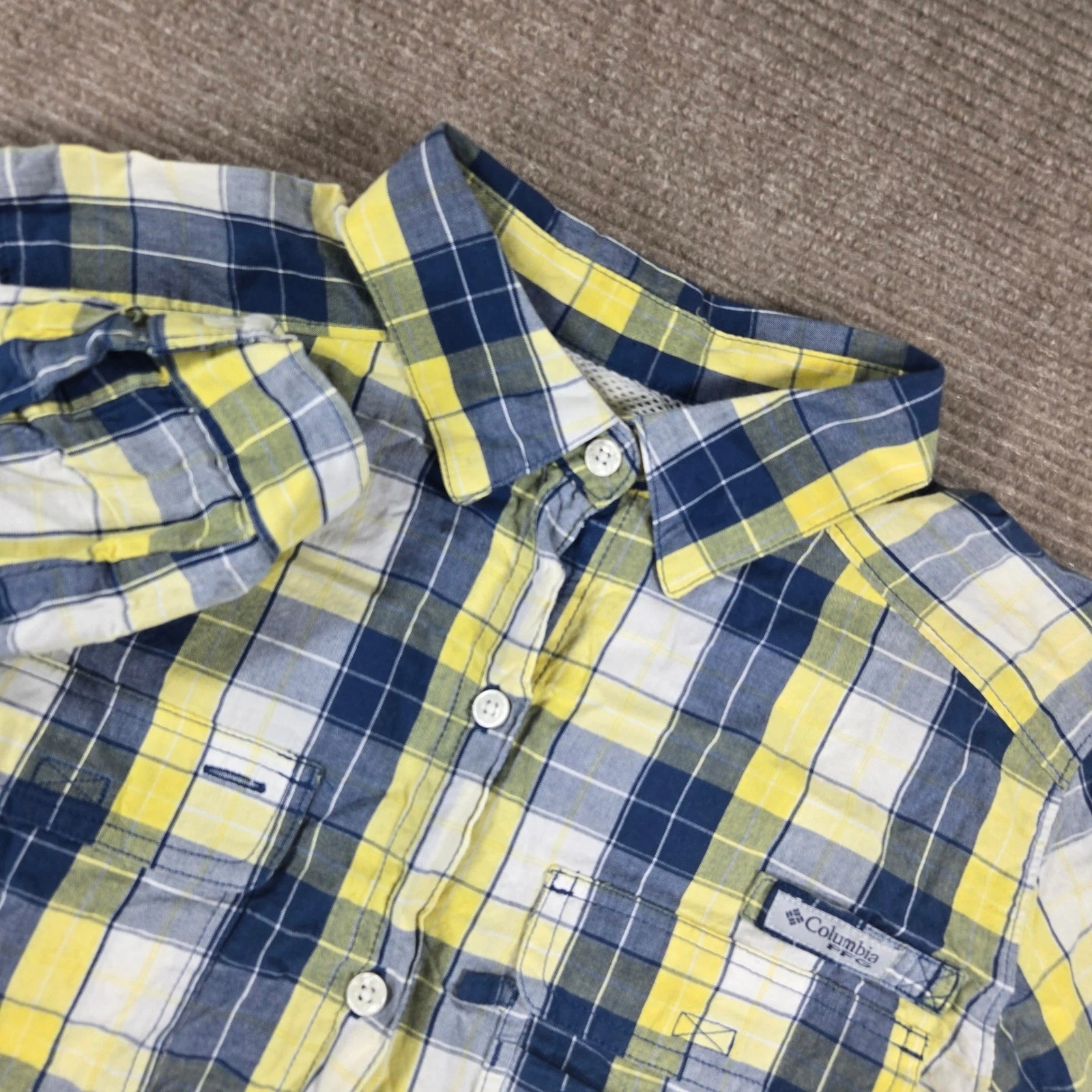 Columbia Mens Small Yellow Blue Plaid PFG Vented Long Sleeve Fishing Shirt