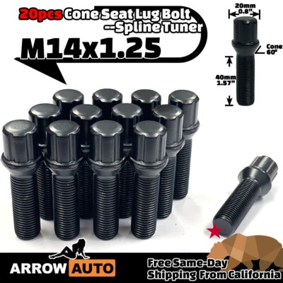 20x Black M14x1.25 Cone Spline Bolt 40mm Shank For 10-15mm Spacers Fit BMW Mini