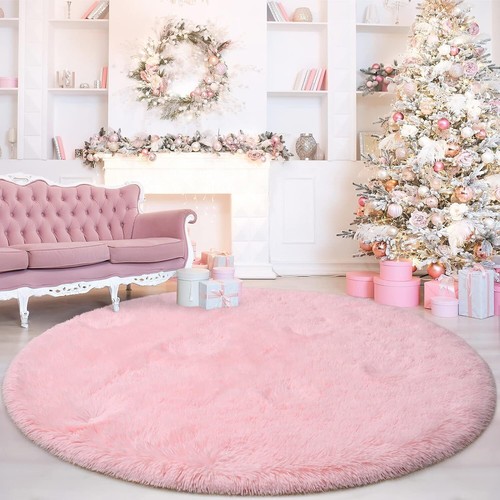 Blush Round Rug for Bedroom,Fluffy Circle Rug 5'X5' for Kids Room,Furry Carpet - Picture 2 of 9
