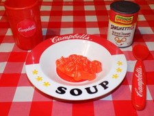 Campbell's Play Food Lot Spaghetti O's Noodle soup Bowl Spoon Cup Realistic RARE