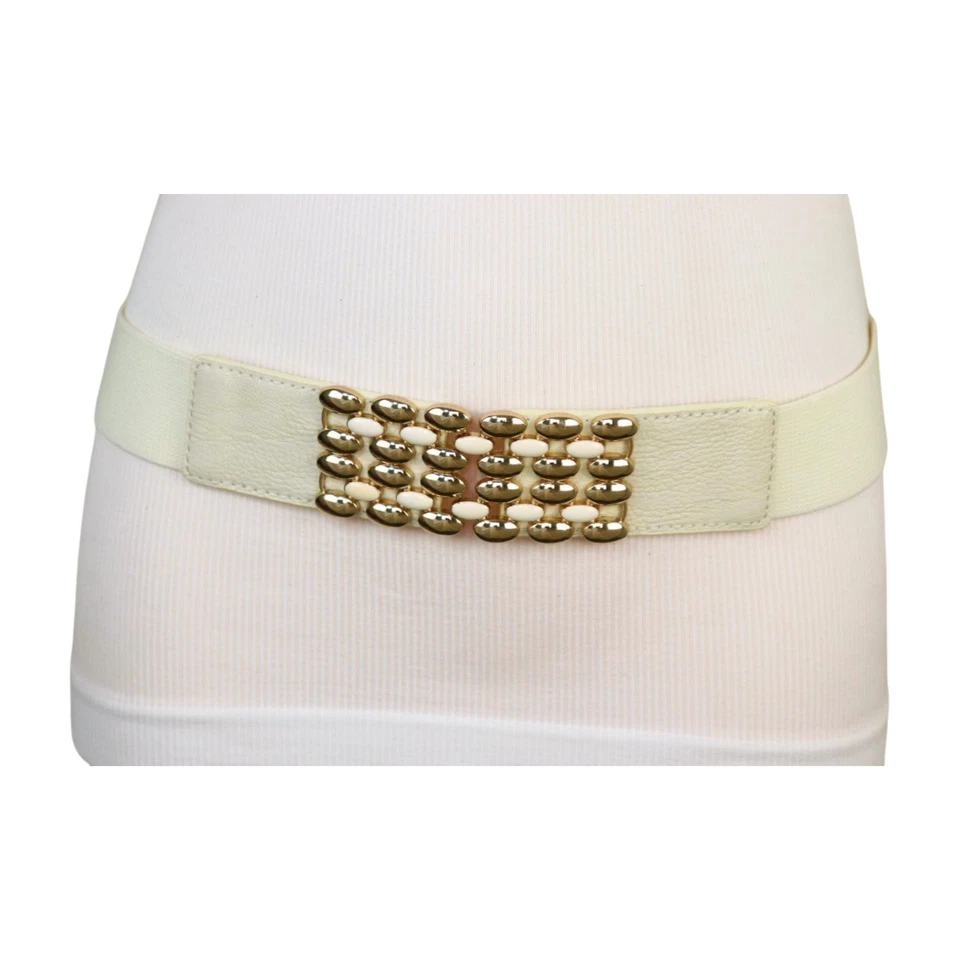 Mujeres Crema Banda Elástica Moda Cadera Cintura Alta Cinturón Dorado Ovalado Lunares Hebilla S M Foto 3 de 4