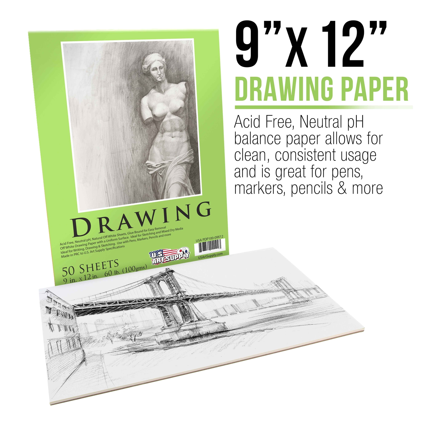 U.S. Art Supply 9" x 12" Premium Drawing Paper Pad, 60 Pound (100gsm