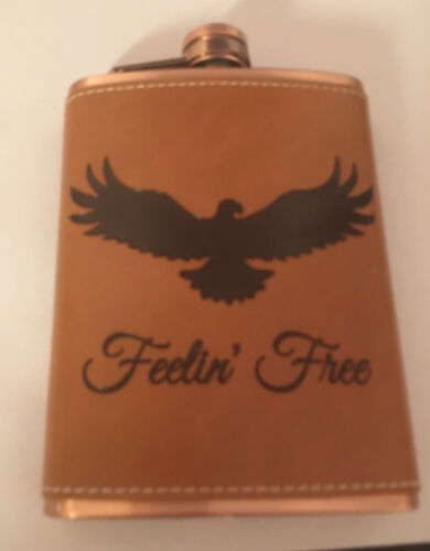 "Feelin' Free" Eagle Flask Boot Barn 8oz. Stainless Steel Copper & Leather Trim  - Picture 1 of 9