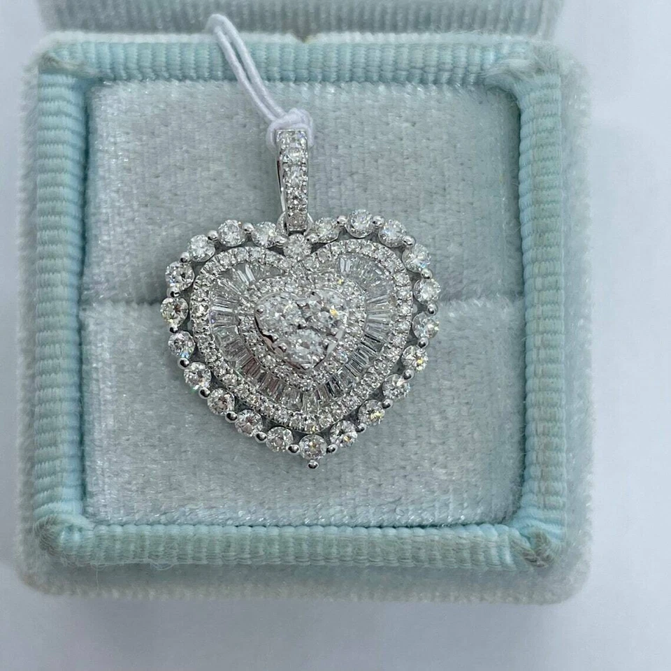 Colgante Corazón Diamante Corte Redondo 2Ct VVS1/D Acabado Oro Blanco 14K Cadena Libre 18" Foto 2 de 4