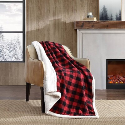 Eddie Bauer Throw Blanket Reversible Sherpa Fleece Bedding Buffalo Plaid  50x60
