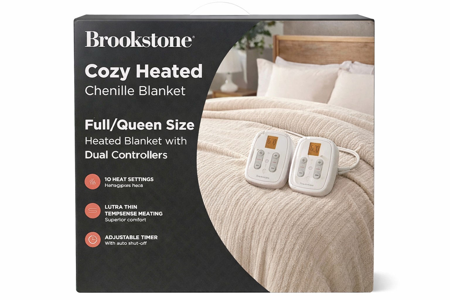 Brookstone Cozy Heated Chenille Blanket Full/Queen Dual Controls 10 Heat NEW