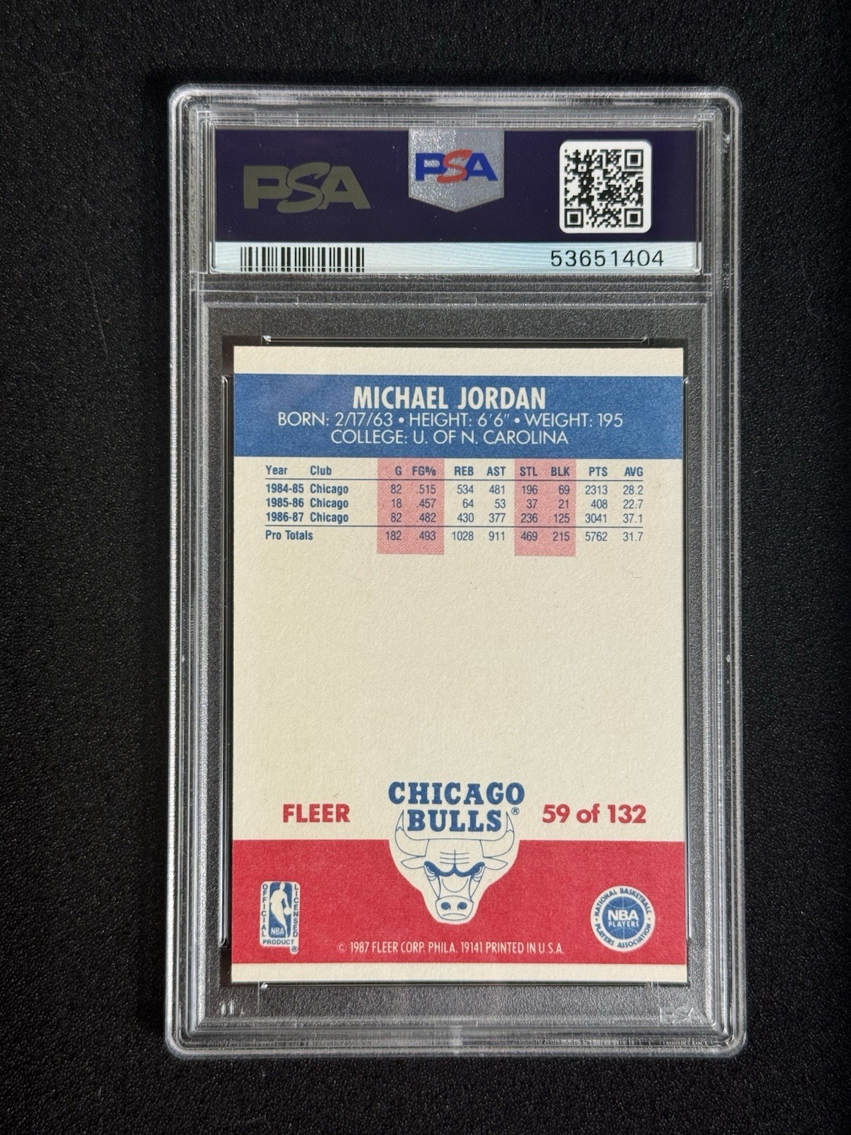 1987 Fleer Michael Jordan #59 PSA 8 2nd Year Rookie RC Sharp Clean Re-grade view 2