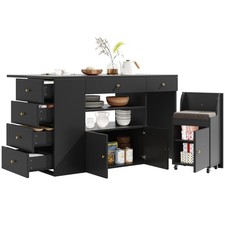 Adjustable Kitchen Island w/ Rolling Bar Stools 6 Drawers Storage Cabinet Black