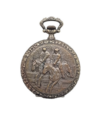 Vintage 30er Jahre Taschenuhr im Art Deco verzierten Gehäuse mit Jagdpferden