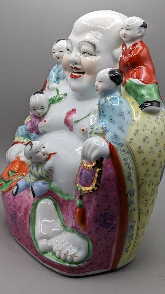 Vintage Porcelain Chinese Laughing Buddha with Five Children Large Figurine - Image 3 of 4