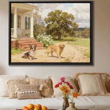 Rustic Dog Art Canvas Print Oil Painting Corgi Golden Retriever Wall Decor