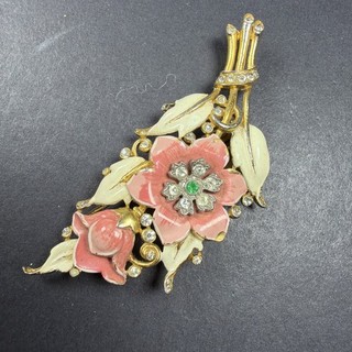 Signed 1040s Crown Trifari Enamel Flower Fur Clip Brooch