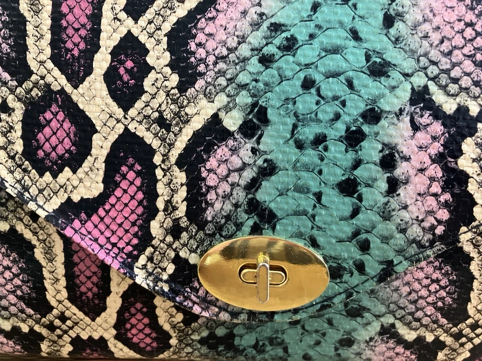 H&M Python Snake Skin-like CLUTCH Envelope, Turn-Lock Closure, Turquoise & Pink - Image 3 of 4