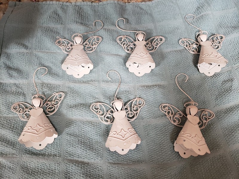 Beautiful Vintage Metal Angel ORNAMENTS With Bell. White. 6 Matching. Mint.