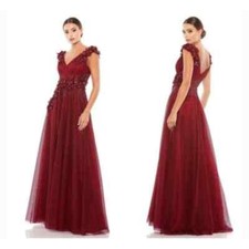 Mac Duggal Cap Sleeve Floral Applique A-line Gown In Burgundy Size 14 NWT