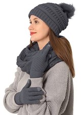 3pcs Winter Beanie Hat Scarf and Touch Screen Gloves Set for Women Knit Grey