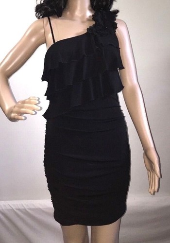 NWT Bodycon Dress Medium Solid Black Chiffon Flower Ruffle Short Single Shoulder - 第 1/10 張圖片