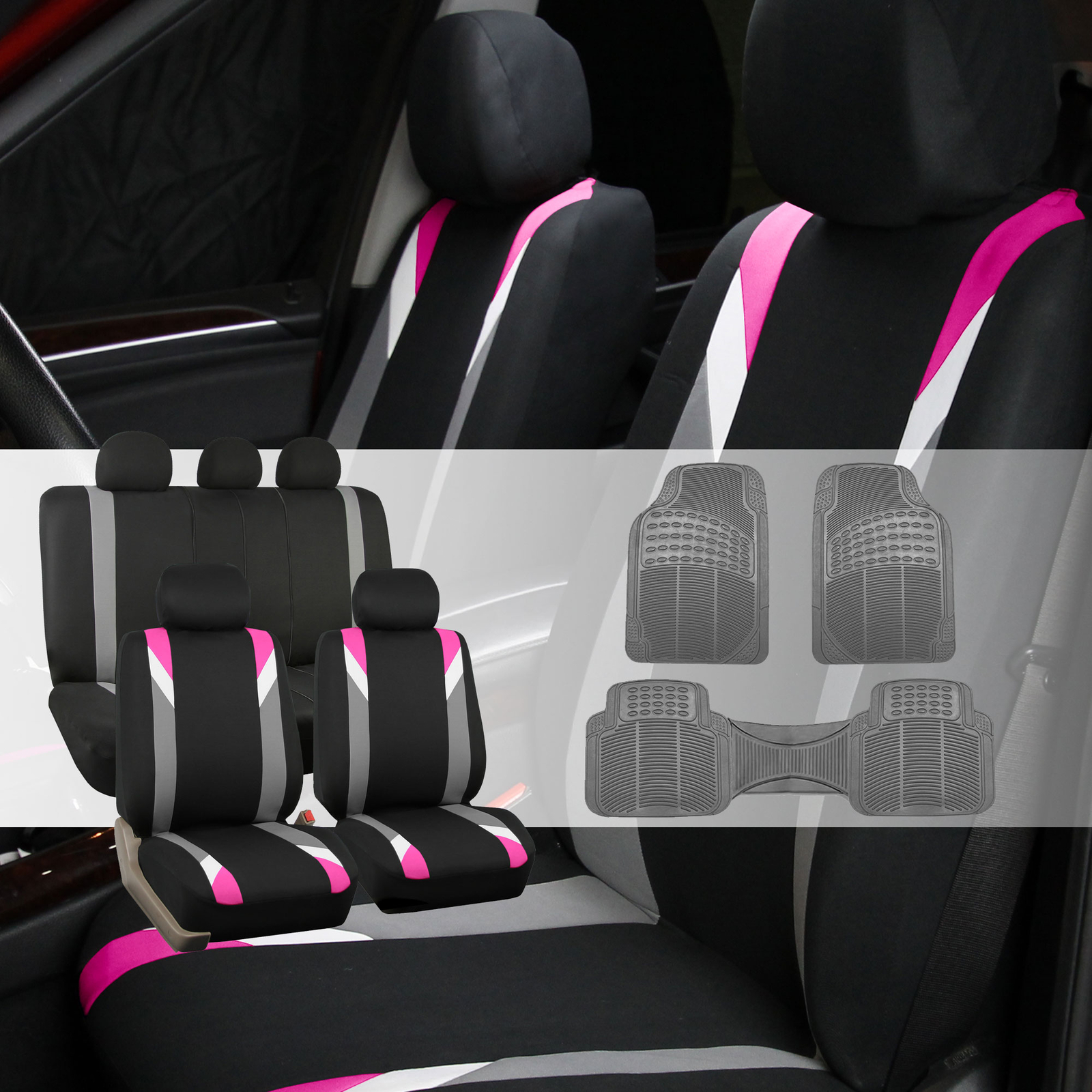 Car Seat Cover Set For Auto Sporty PINK W/ GRAY Rubber Floor Mats