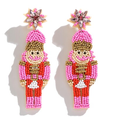 Pink Beaded Christmas Nutcracker Earrings for Women - Lightweight Christmas T...