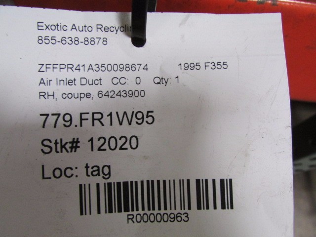 Ferrari F355, Coupe, RH, Right Air Inlet Duct, Used, P/N 64243900