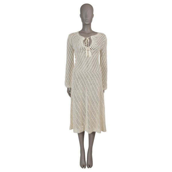 71550 Auth CELINE creme Baumwolle 2022 Quasten Häkel Midi Kleid S