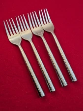 Lot Of 4 Unmarked Hammered Round Tip Stainless Heavy Salad Forks 6 5/8"
