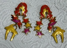 VTG Signed Edgar Berebi Enamel Dangle Earrings 1980s Star Horned Sheep Southwest