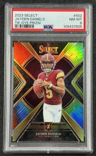 JAYDEN DANIELS PSA 8 2023 PANINI SELECT #502 ROOKIE 2024 TIE-DYE PRIZM XRC 24/25