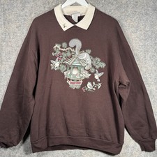Vintage 90s Womens Moring Sun Cat Squirrels Embroidered Brown Sweatshirt Size XL