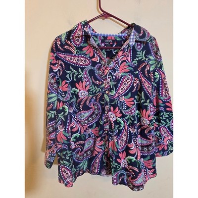 Chaps Womens 2X Navy Blue Paisley No Iron Button Down Shirt 3/4 Sleeve Cotton