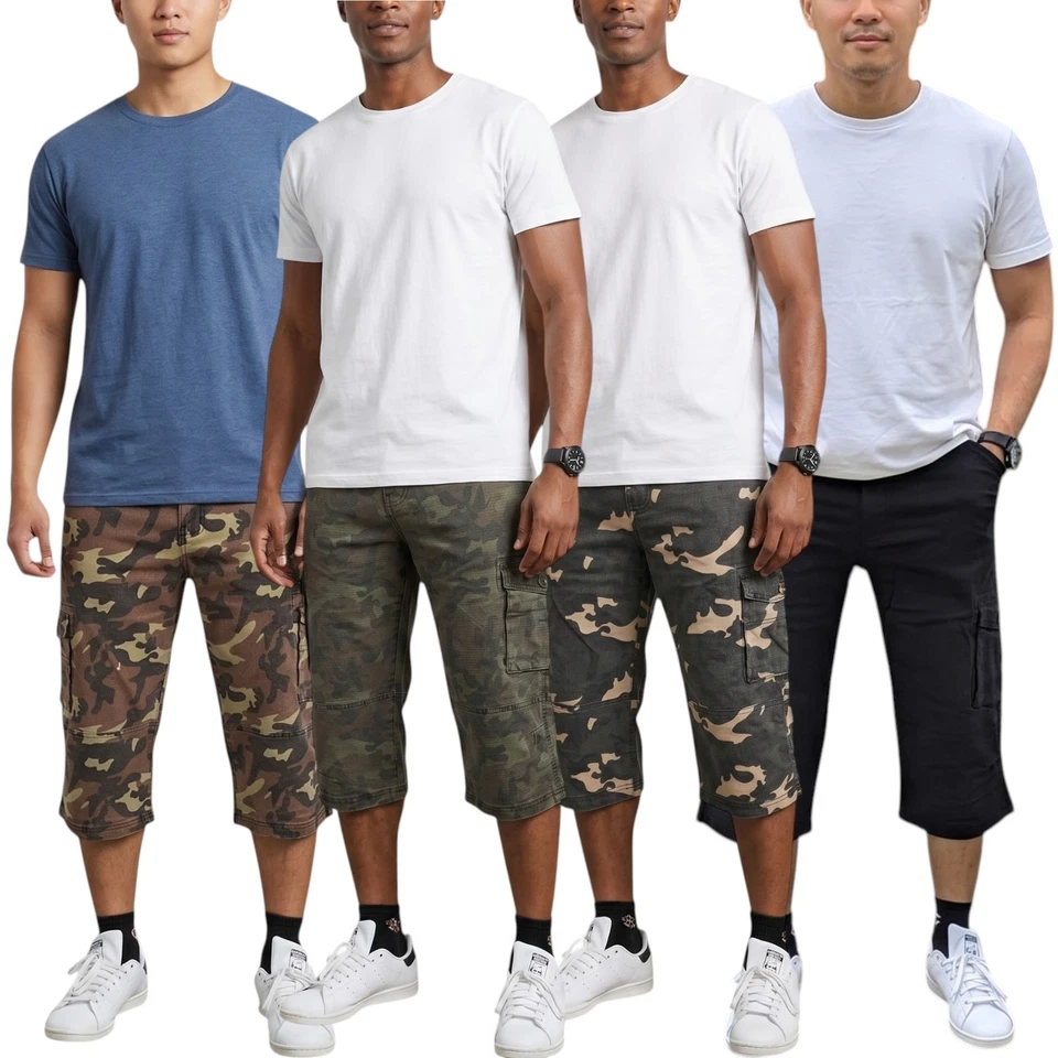 Mens Cargo Shorts Chino Pants 3/4 Camouflage Multi Pocket Long Three Quarter New - Image 1 of 4