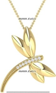 Authentic Real Diamond 0.027 cttw Dragonfly Charm Pendant Necklace 14K Yellow Gold Plated