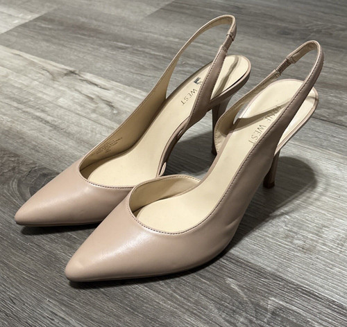 Nine West Taupe Faux Patent Leather Slingback Heels –Pointed Toe Stiletto Size 9