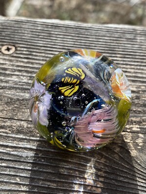 handmade glass marble Mini Paperweight Spring Flower Murrini Signed!
