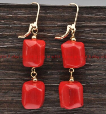 10-11mm Natural Massive Red Coral Gemstone Beads Dangle Gold Leverback Earring