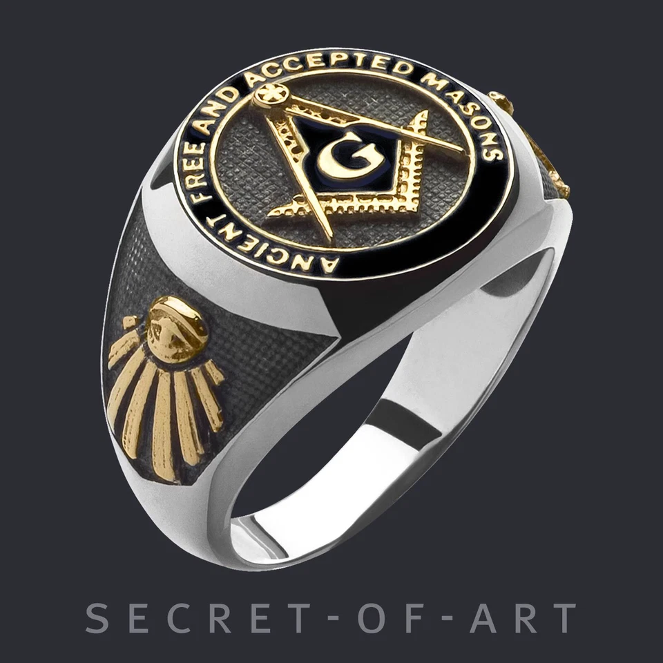 Anillo Masónico AF & AM Masonería Plata 925 Chapado en Oro 24K, Esmalte Negro Foto 2 de 4