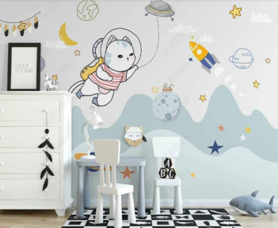 3D Cat Astronaut Rocket Kids Self-adhesive Removeable Wallpaper Wall Mural
