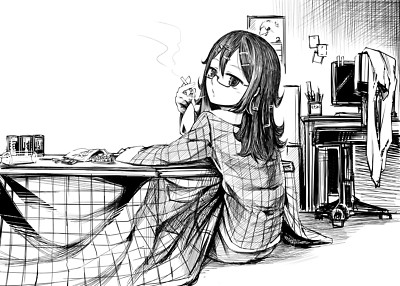 Anime 2d artwork monochrome girls smoking Playmat Game Mat Desk