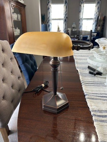 Traditional Bankers Desk Lamp Antique Bronze Finish Amber Glass Shade app. 15”