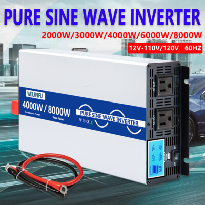 12v to 110v 120V 2000W - 8000W Pure Sine Wave Power Inverter LCD USB RV Car
