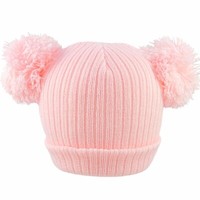 Baby Pom Pom Hat Beanie Cap Double Bobble Knitted Boy Girl NB, 0-3, 3-6, 6-12