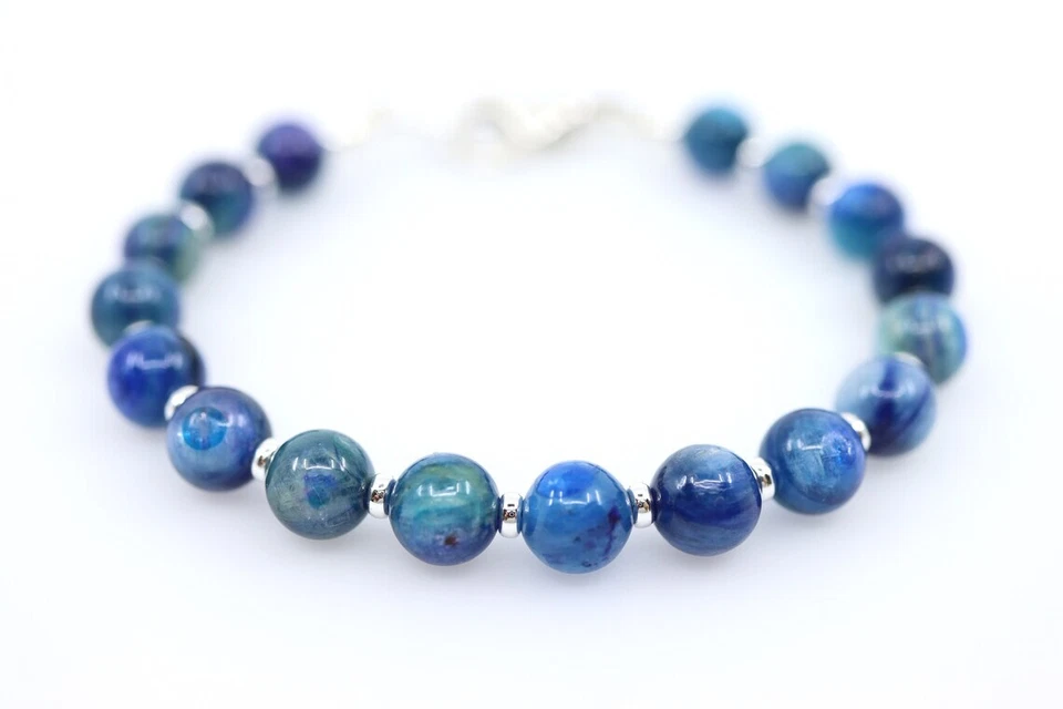 Blue Kyanite Bracelet, Genuine High-End Round 8mm Beaded Sterling Silver - Image 2 of 4