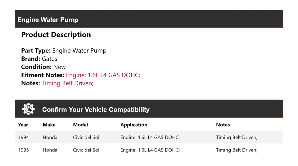 Puertas de bomba de agua motor DOHC de gas 1,6 L L4 para Honda Civic del Sol 1994-1995 Foto 2 de 4