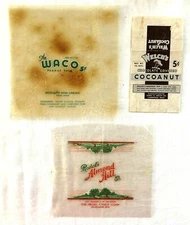  3 Candy Wrappers: 1950 Welch's Cocoanut, 1940 The Waco, 1940 Almond Hill