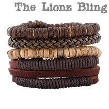 Urban Bohemian style Brown motif Stacked Leather Wood Bead Bracelets