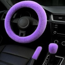 Fluffy Steering Wheel Cover 3pcs Set Plush Fuzzy Fur Steering Wheel Purple