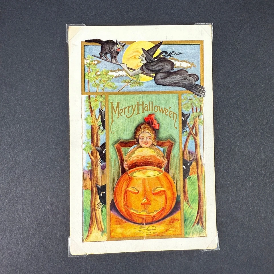 Antigua postal de Halloween Whitney bruja gato calabaza Jack O linterna cca 1910s Foto 3 de 4
