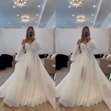 Off the Shoulder Wedding Dresses Side Slit Long Sleeves White Ivory Bridal Gowns